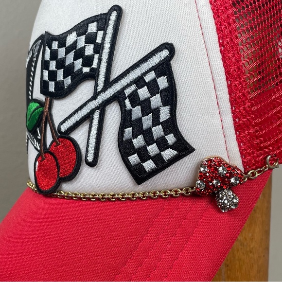 NEW Red & White Mesh Trucker Snap Back Hat Black Star Checkered Flags Cherries main image 8